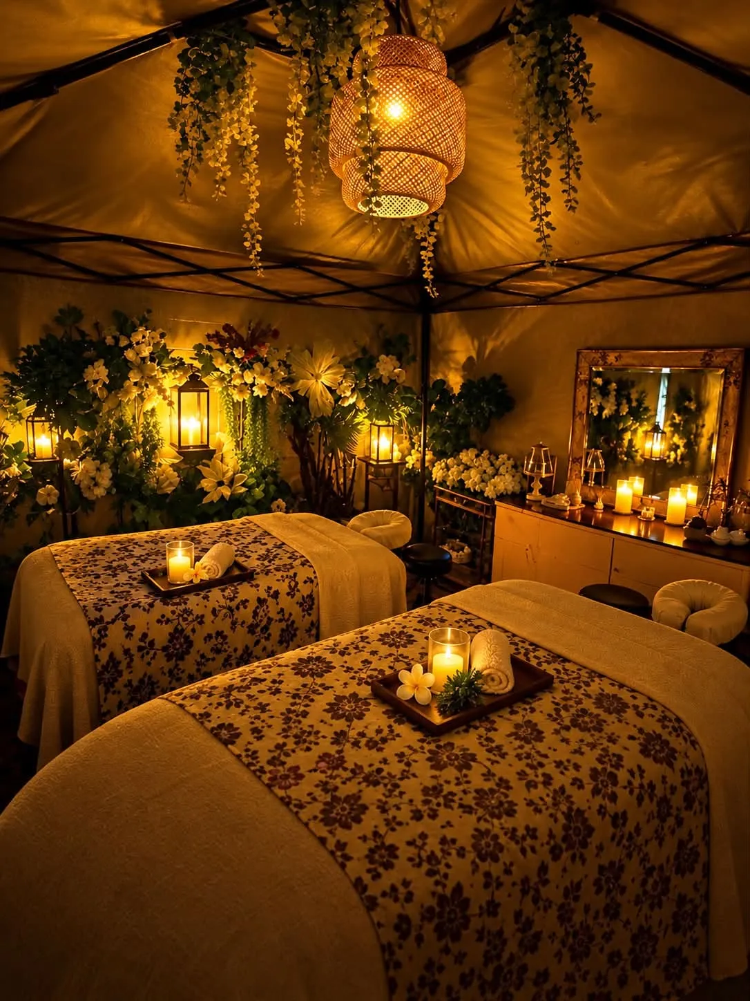 Two massage tables in the couples room, with warm lantern lighting and floral decorations