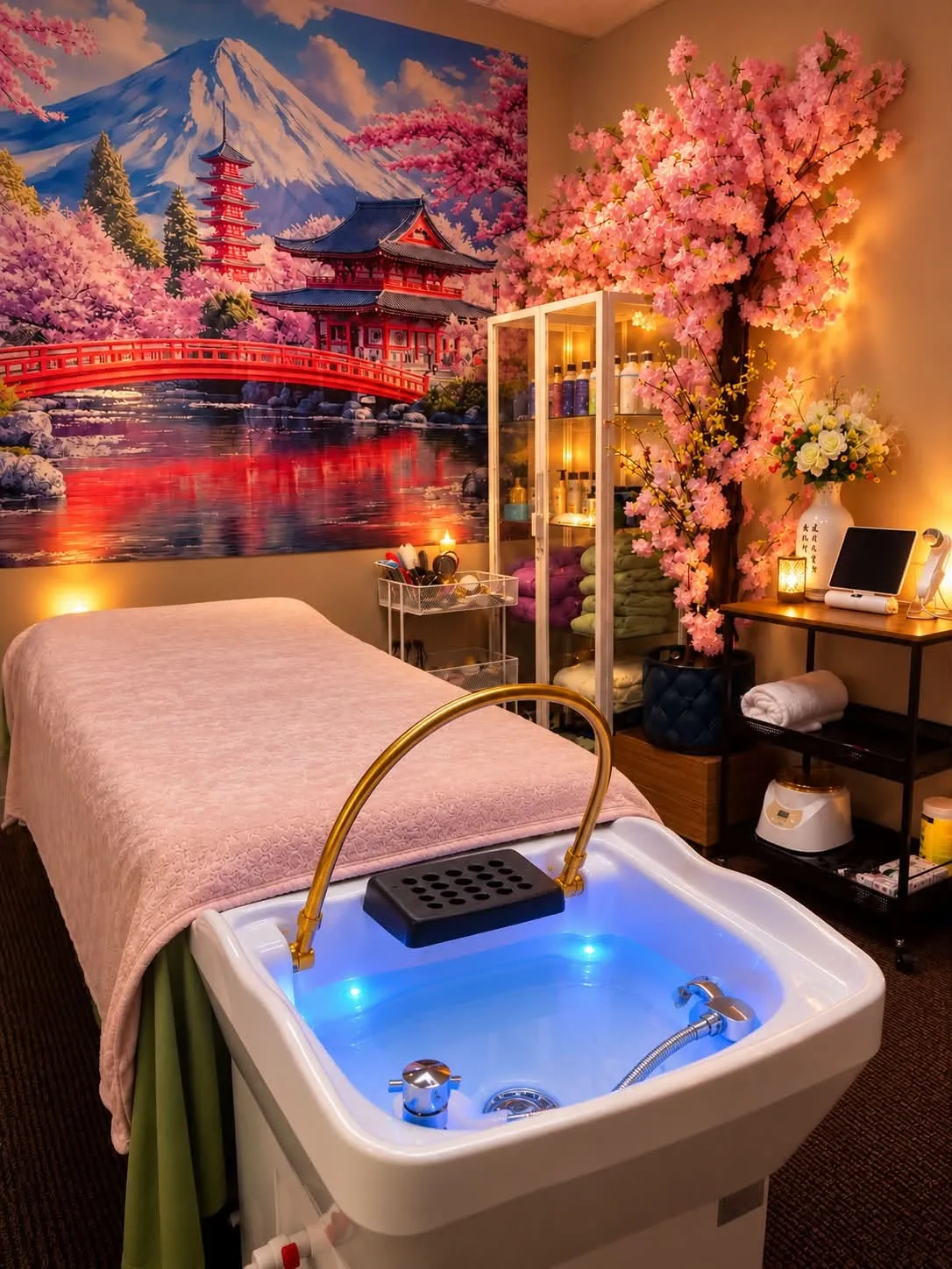 Japanese Head Spa room with a scalp washing basin, pink blossoms, and a Mount Fuji mural